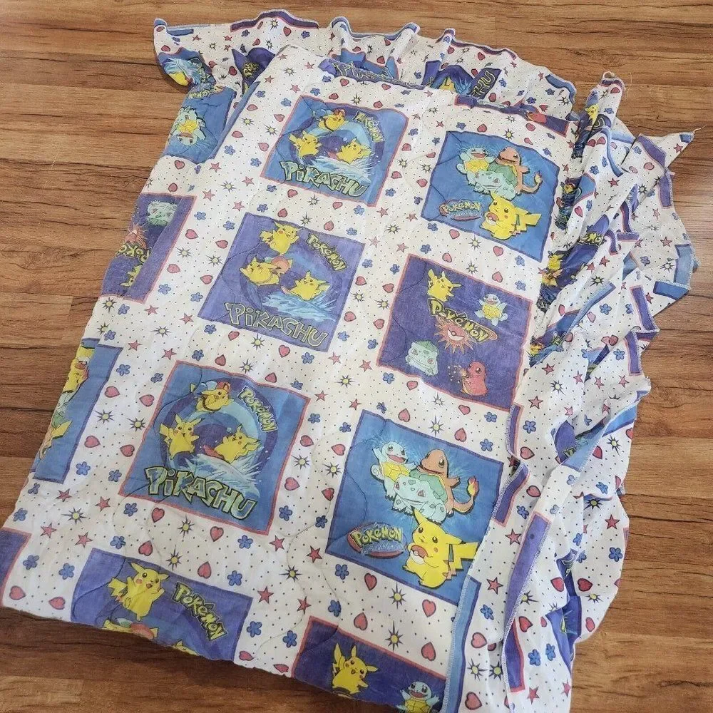 Vintage 90s Pokemon Pikachu Bedspread Comforter Blue White Multi Ruffle Twin